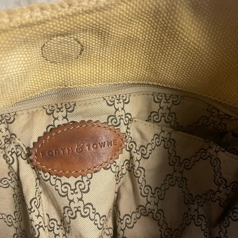 Forth & Towne Cognac synthetic woven Satchel beige embroidery tan leather straps